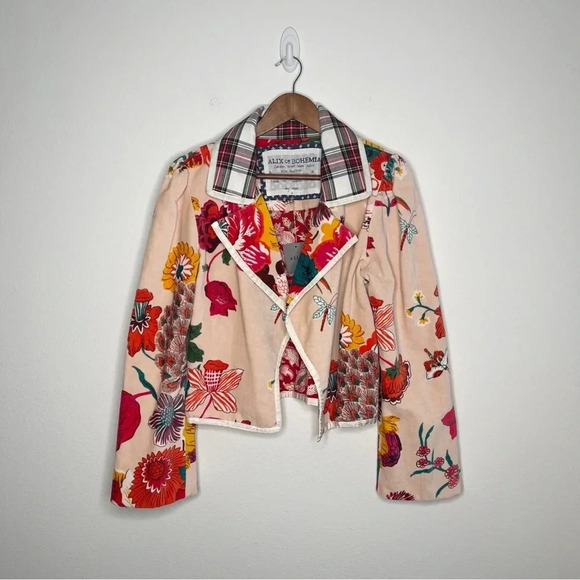 Alix Of Bohemia Jackets & Blazers - Alix of Bohemia Garden Velvet Moto Jacket Blazer Puff Sleeve Floral Peacock